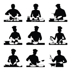 Silhouettes of chefs cooking different dishes