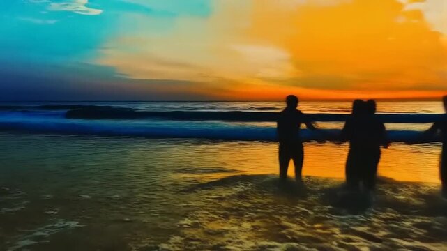 Joyful silhouettes: Friends playfully frolicking in ocean waves under bright sunset