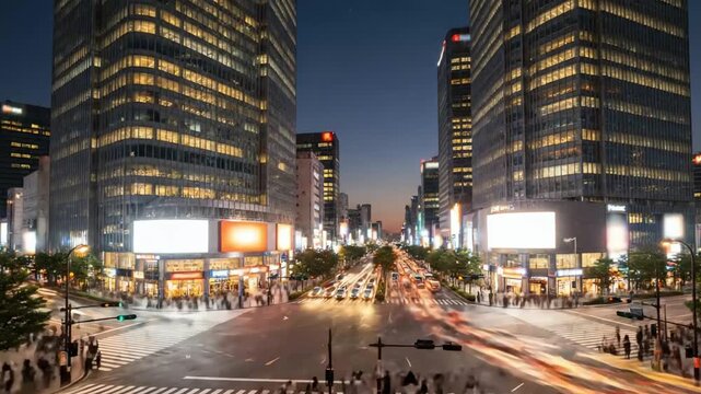 Cityscape featuring building silhouettes at twilight transitioning into night, representing temporal passage, transformation, urban life, and evening ambience