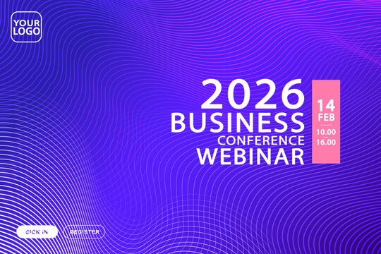 An abstract landing page template for a tech conference or webinar. This futuristic design features complex wavy contour lines, registration buttons, and a vibrant blue-purple gradient background.