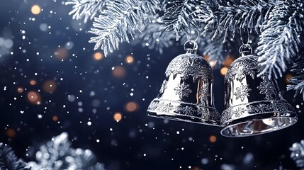 Silver bells hanging on a snowy pine tree with soft lights in the background during winter festivities