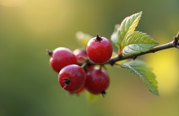 Close up photo of vibrant red berries on a branch. Green leaves provide contrast. The background is blurred natural bokeh with soft light adding a natural feel.