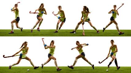 Female field hockey player in motion sequence composition showing attack and defense actions on grass. Concept of teamwork, determination, professional sport, and focus in dynamic training environment