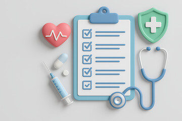 3d render of a complete medical checklist on a clipboard with a heart, shield, syringe, stethoscope, and pills, emphasizing comprehensive health coverage