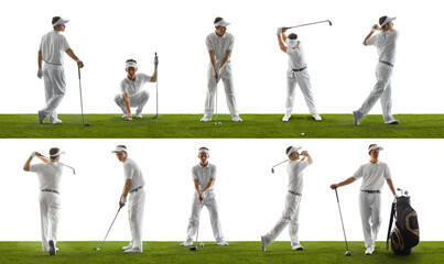 Male golfer practicing swing sequence artwork on grass in elegant posture and calm concentration....
