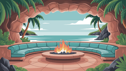 Obraz premium A tropical patio with a fire pit and ocean view featuring palm trees and a built in sofa area decor