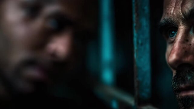 A man peers through vertical steel bars in a dark, tense scene, his face stubbled and eyes glowing blue through the gloom.