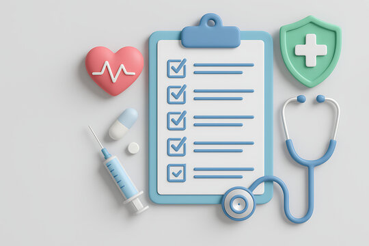 3d render of a complete medical checklist on a clipboard with a heart, shield, syringe, stethoscope, and pills, emphasizing comprehensive health coverage - Powered by Adobe