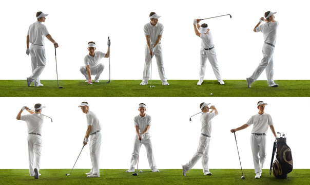 Male golfer practicing swing sequence artwork on grass in elegant posture and calm concentration. Concept of precision, focus, relaxation, professional training, and discipline with confident serenity