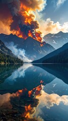 Fiery Mountain Reflections: Sunset Blaze Over a Calm Lake
