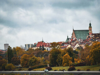 Panoramic View of Warsaw Old Town Skyline and Autumn Park