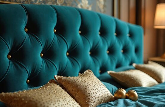 Luxurious teal velvet bed headboard with decorative golden pillows. Gold spheres accents are on the bed. Classic elegant interior, soft texture, comfortable design.