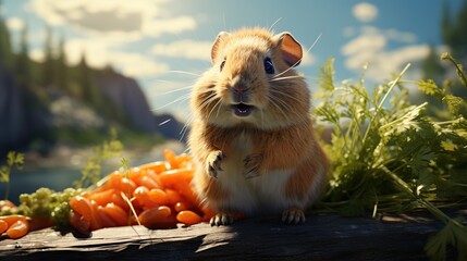 Adorable fluffy orange hamster with wide eyes excitedly reaching for a pile of fresh carrots in a sunny outdoor setting