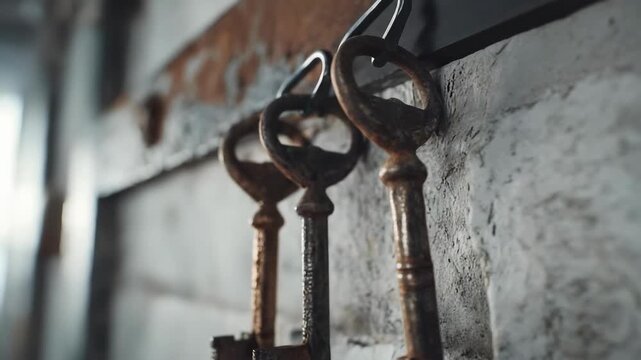 Three rusty antique keys hanging from a weathered wall.
