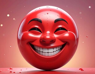 Joyful, glossy red sphere with happy human features on a gradient backdrop