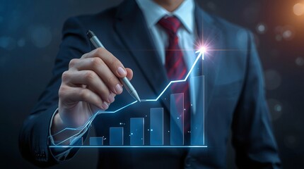 Business Growth A Businessman Pointing to a Rising Graph with a Pen, Representing Success