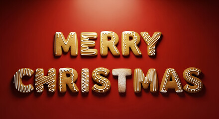 Golden glitter Merry Christmas text on festive red background