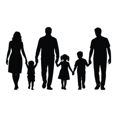 Family silhouette walking together, parents and kids