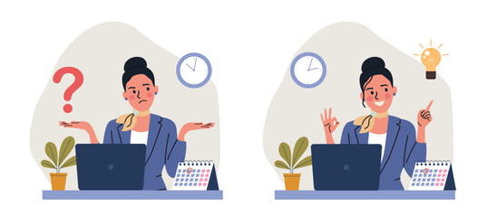 Young woman before the laptop with question mark in think bubble and  finding new idea. Shiny light bulb. Flat style cartoon vector illustration.