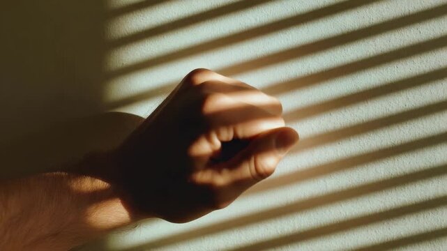 A hand pressed against a surface, lit by striped sunlight from window blinds.