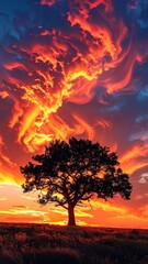 Fiery Sunset Landscape with Silhouetted Tree