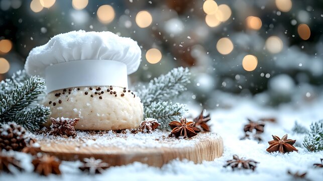 Delicious winter-themed dessert with a chef hat on a wooden board surrounded by snow and festive decorations