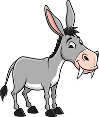 Cartoon donkey character with big ears, cheerful smile, standing pose, gray fur, friendly expression, fun animal vector illustration for kids