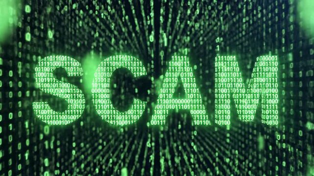 Green scam text over matrix style binary code array, digital deception and internet fraud concept footage