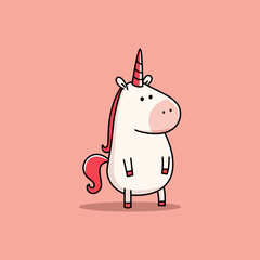 Fototapeta premium A cute, chubby, funny unicorn stands on two legs against a red background. Vector illustration in a simple, childlike style. Vector illustration