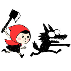 Little red riding hood chasing big bad wolf with axe. Fairy tale scene on transparent background for kids book or game asset. © logonv