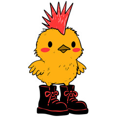 Cute chick with a red punk mohawk and black boots standing on transparent background. Fun animal character.