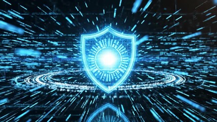 Digital shield protecting network data. Cyber security with abstract code background. Information protection and secure web browsing concept. Footage.