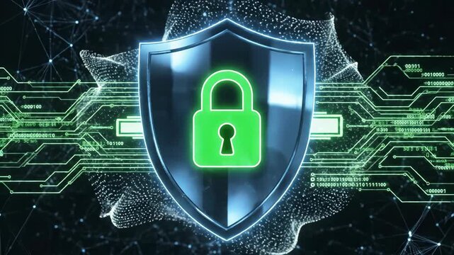 Digital security shield with glowing padlock animation protecting data, a conceptual footage for cyber technology and secure networks