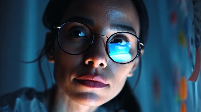 Thoughtful Gaze: A focused individual, illuminated by soft light, studies a surface with intense concentration, their spectacles reflecting the scene, emphasizing the moment's gravity.