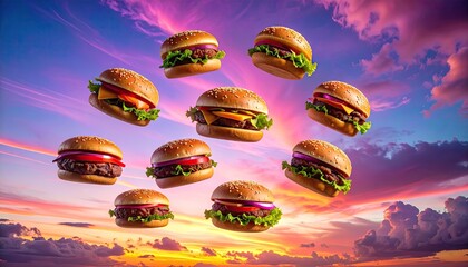 Floating Burgers Against Vibrant Sunset Sky