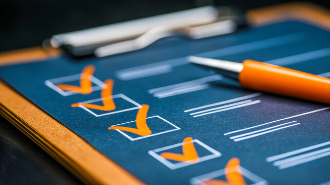 Checklist with orange check marks on dark paper attached to clipboard and an orange pen resting beside it with soft focus background for productivity concept