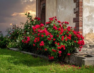 Fototapeta premium Lush red rose bushes bloom vibrantly against a textured wall and an open doorway. The sunset casts a golden glow