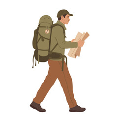 Man with backpack walking and looking at map