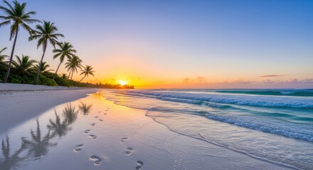 Tranquil tropical sunrise paints the sky with vibrant hues over a serene beach, palm trees casting reflections on wet sand with gentle waves rolling in.