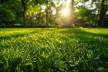 Vibrant green grass thrives in a sun drenched park, embodying the essence of a perfect summer day