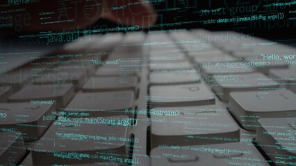 A close-up image of a computer keyboard highlighted with programming code overlays, illustrating the essence of technology and software development in a modern workspace. Xenic