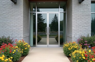 Exterior view shows entrance with glass and metal double doors. Grey brick wall is on both sides. Flowers grow near the doorway. Modern business building entry facade with decoration.