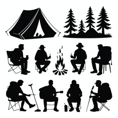 Silhouette of people camping with campfire
