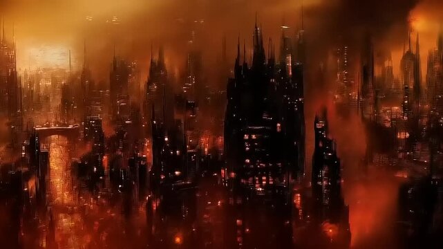 Fiery Metropolis: A Volcanic Cityscape in a Dystopian Industrial Environment