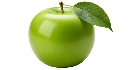 Vibrant Green Apple with Stem and Leaf Isolated on Black Background, Healthy Organic Fruit