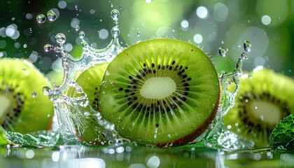 Fresh Green Kiwi Slices with Water Splash
