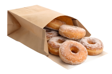 Sugared ring donuts in a brown kraft paper takeaway bag, perfect for bakery, dessert, and food delivery concepts. Realistic sweet pastry mockup isolated on transparent background, PNG format — ideal f
