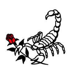 Scorpion and red rose vintage tattoo flash art illustration