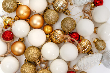 Beautiful background with baubles Christmas tree toys, top view, new year's concept