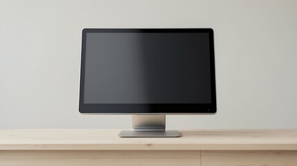 Sleek computer monitor with a dark screen placed on a wooden office desk in a clean, modern environment